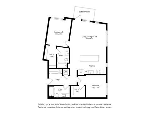 A floor plan of a house with two bedrooms, a living/dining room, a kitchen, a bathroom, and an entry.